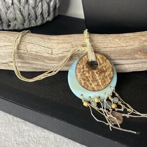 Vintage bohemian style shell and beaded blue and brown necklace